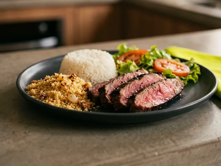 Foto de uma marmita: arroz, farofa, carne fatiada e salada.
